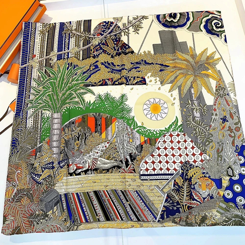 

90CM Manual Hand Rolled Plant Jungle & Sun Print Twill Silk Scarf Women Print Square Scarves Wraps Echarpe Femme Hijabs