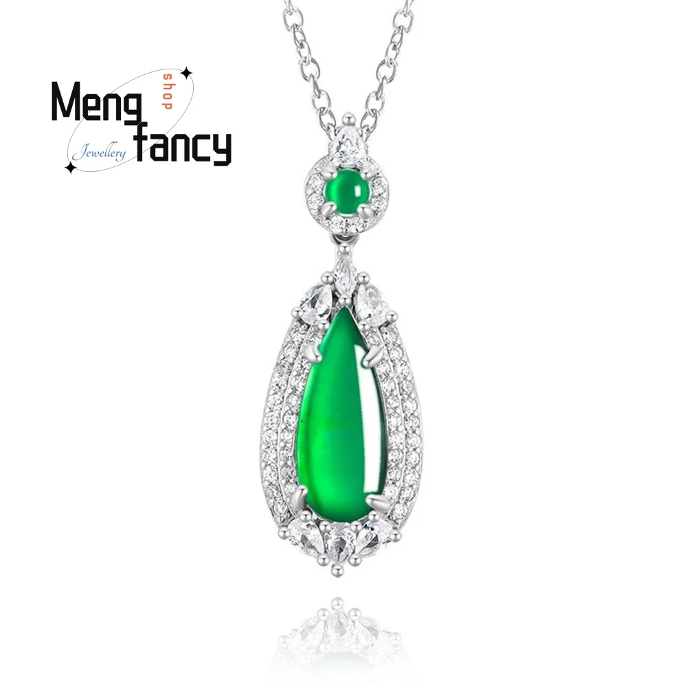 S925 Silver Inlaid Natural A-goods Ice Jadeite Green Water Drop pendant Female Models High-grade Exquisite Fashion Fine Jewelry