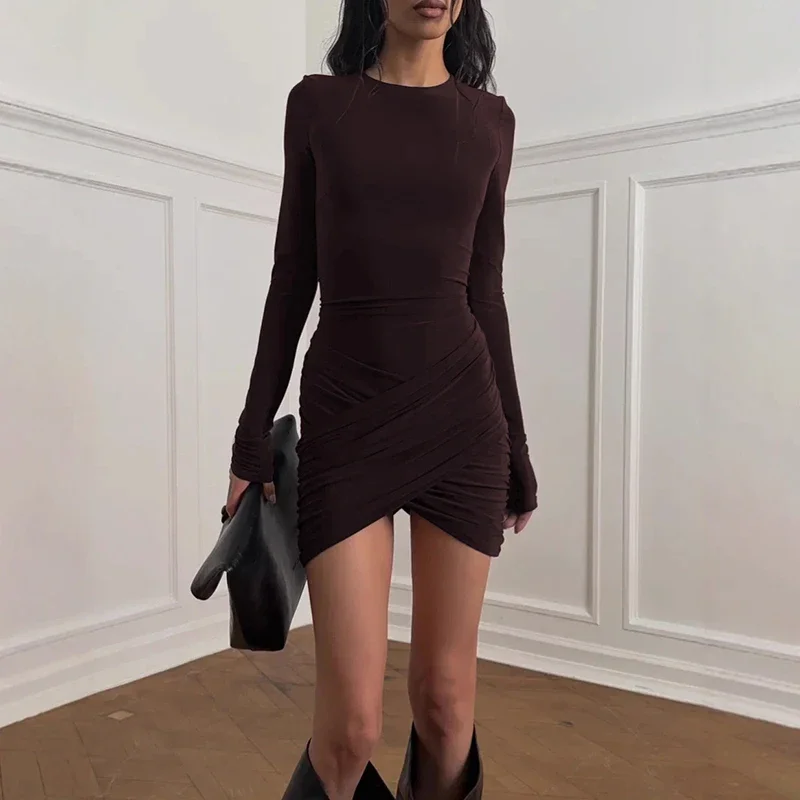 

Women's Elegant Ruched Mini Dress O neck High Waist Bodycon Dress Autu8mn Winter Fashion Long SleeeveParty Dress
