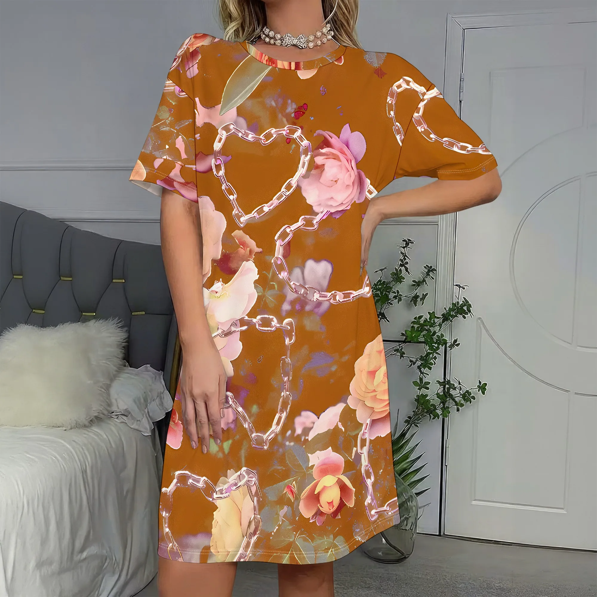 

Vintage Chain Print Dress, Floral Pattern Loose Fit, Short Sleeve A-Line Style, Casual Wear for Women, S-2XL