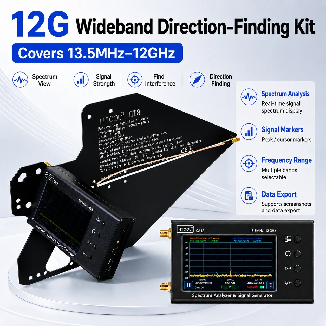 12G Spectrum Analyzer with Signal Generator 2‑in‑1 13.5MHz‑12GHz Noise Floor as Low as ‑120dBm with HT8 Log-Periodic Antenna