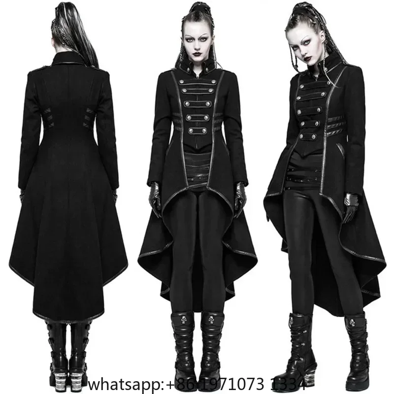 Gothic Military Jacket Tailcoat Women Steampunk Tuxedo Uniform Vintage High Low Hem Trench Swallow Tailcoat Fishtail For Adult