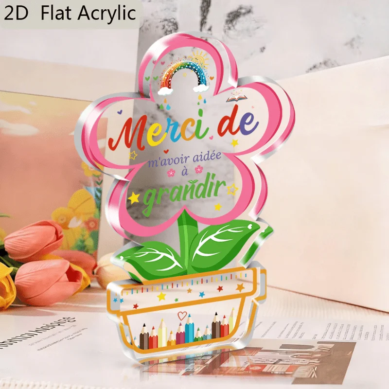 2D Flat, 1pc French Merci De Teacher Appreciation Gift, Thank You for Helping Me Grow Colorful Flower Acrylic Ornament