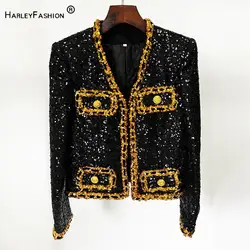 2024 Newest Lady Fine Workmanship All Over Sequins Coat V-neckline Long Sleeve Women Fashion Shinny Short Jacket