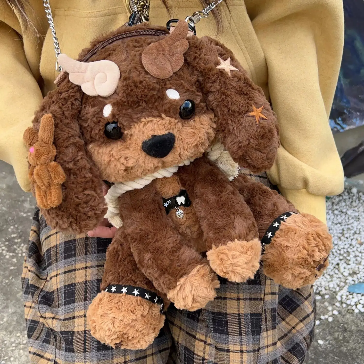 

JIAERDI Sweet Cute Brown Puppy Backpack Women Plush Cartoon Small Capacity Mochilas Mujer Ladies Chain Star Harajuku Bags 2025