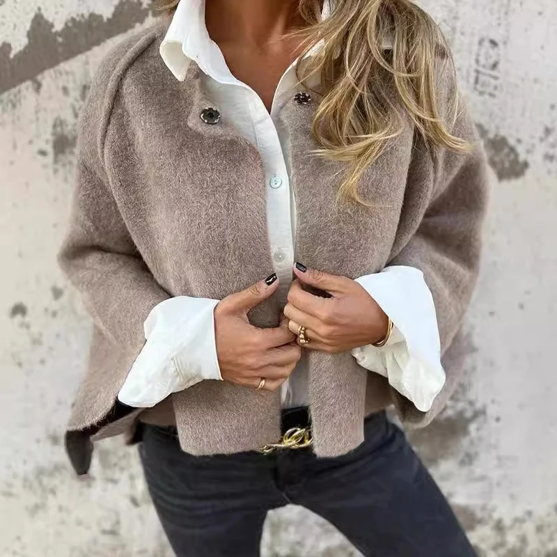 Autumn Winter Commuter Long Sleeved Buttoned Outwear All Match Lady Wool Short Coats Elegant Crew Collar Solid Office Jackets