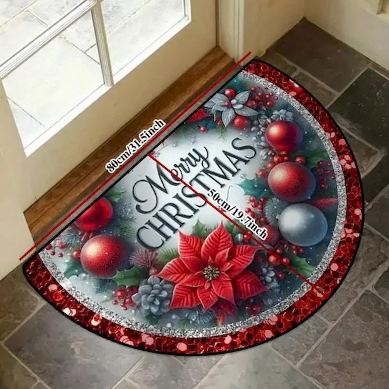 VIKAMA Santa Claus Snowman Printed Floor Mat, Semi-Circular Carpet, Anti Slip And Absorbent Entrance Door Mat, Home Decoration