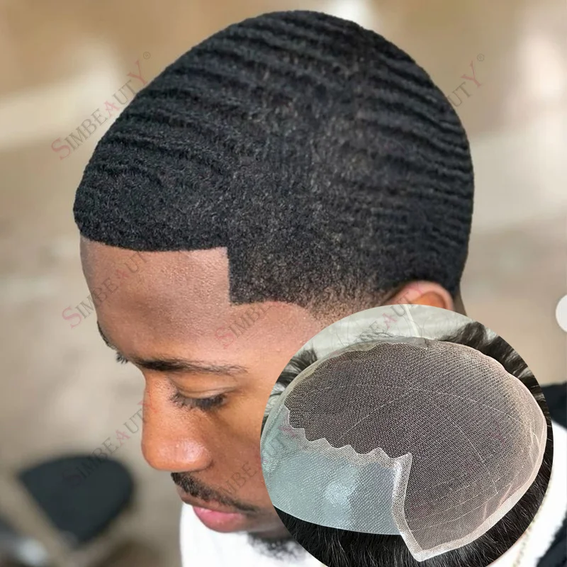 

360 Плетение Прически 8 мм 10 мм 12 мм Глубокая волна Необнаружимое кружево Фронтальное Q6 Кружево ПУ База Вьющиеся человеческие волосы Мужские парики Система париков