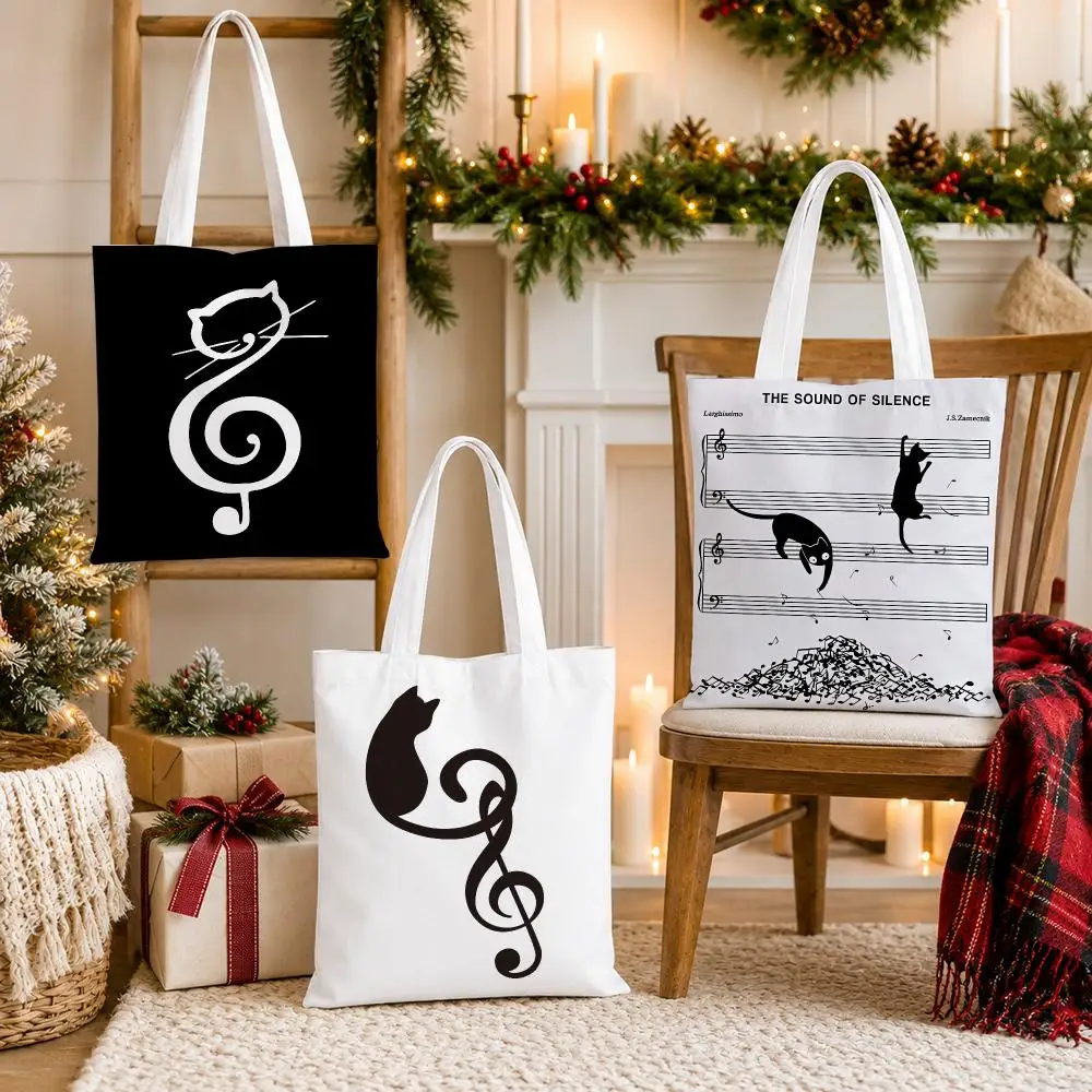 Music and Cat Theme Storage Bags Oversized Canvas Tote Bag Casual Shoulder Bag Large Reusable Shopping Handbag