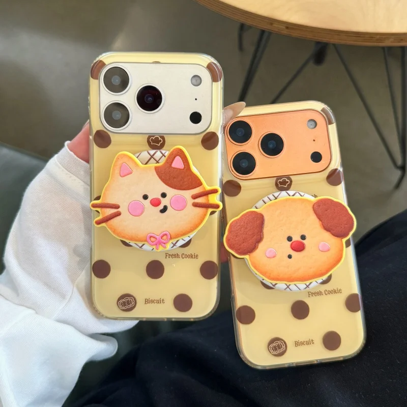 Korean Polka Dot Cute Bear Biscuits Magnetic Stand Phone Case For iPhone 17 Pro 16 15 14 Pro Max Cover with Stand Cartoon Cases