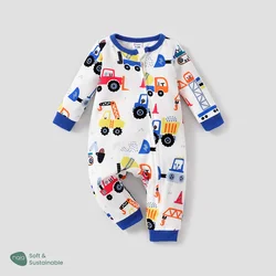 PatPat Baby Boy Naia Childlike Vehicle Zipper Long Sleeve Jumpsuit  Full print   Casual/Outdoor Suitable for Autumn Season