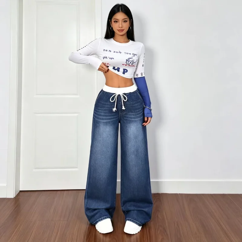 High Waist and Loose Wide Leg Denim Trousers, Elastic White Belt and Drawstring Loosely Fitted Jeans Y2K Street Fashion