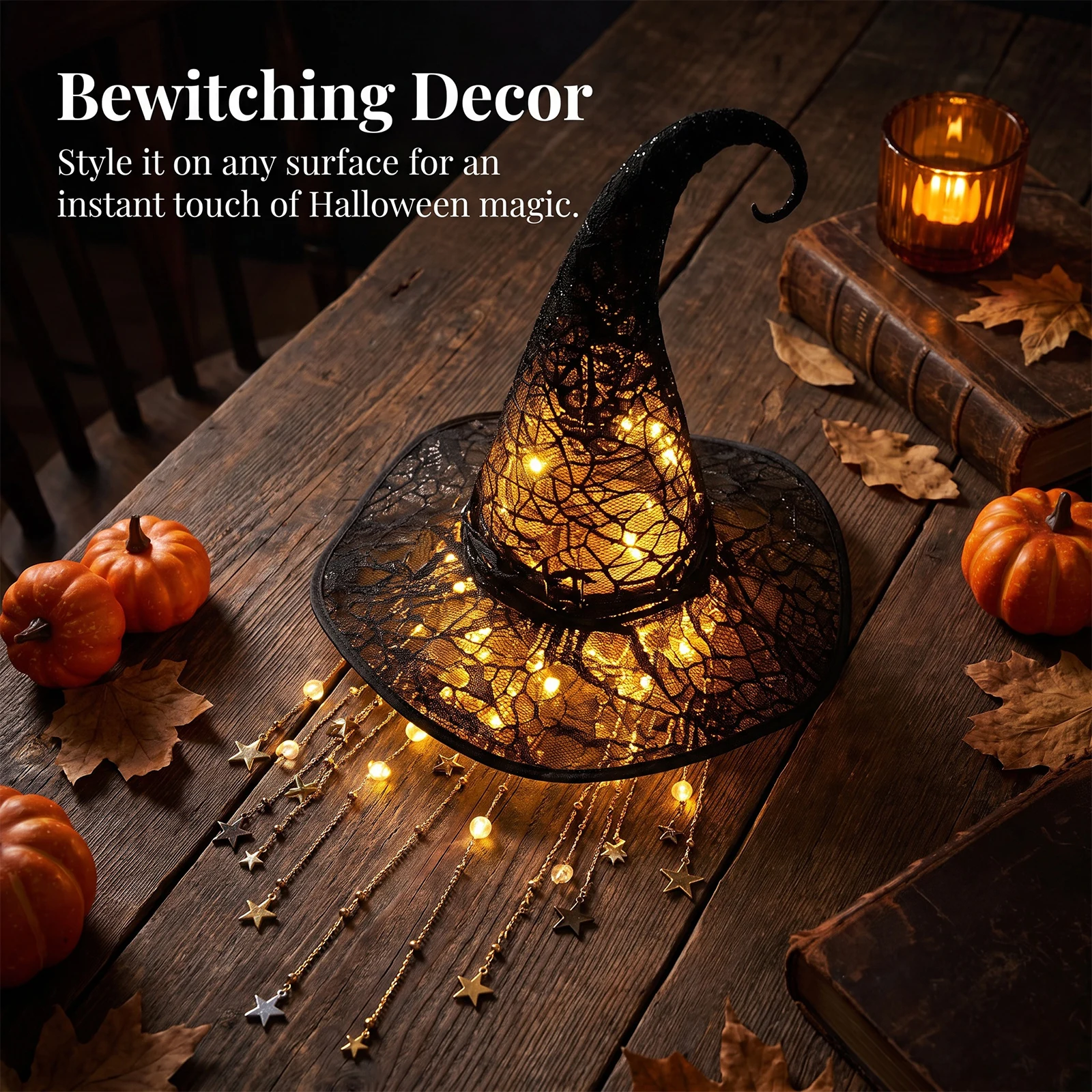 Halloween Glowing Witch Hat Wind Chime Hanging Ornament Iron Fabric Star Porch Door Window Light Up Holiday Decor 1-3PCS