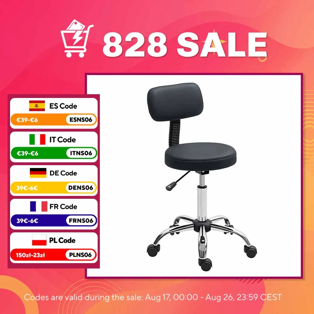 Swivel Stool with Wheels and Backrest Adjustable Height 78-93 cm Black