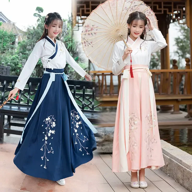 2024 Hanfu Female Costume Adult Student Ming Made Chinese Style Improved Waist-length Sarong Daily Collar Sets Powder Hanbok