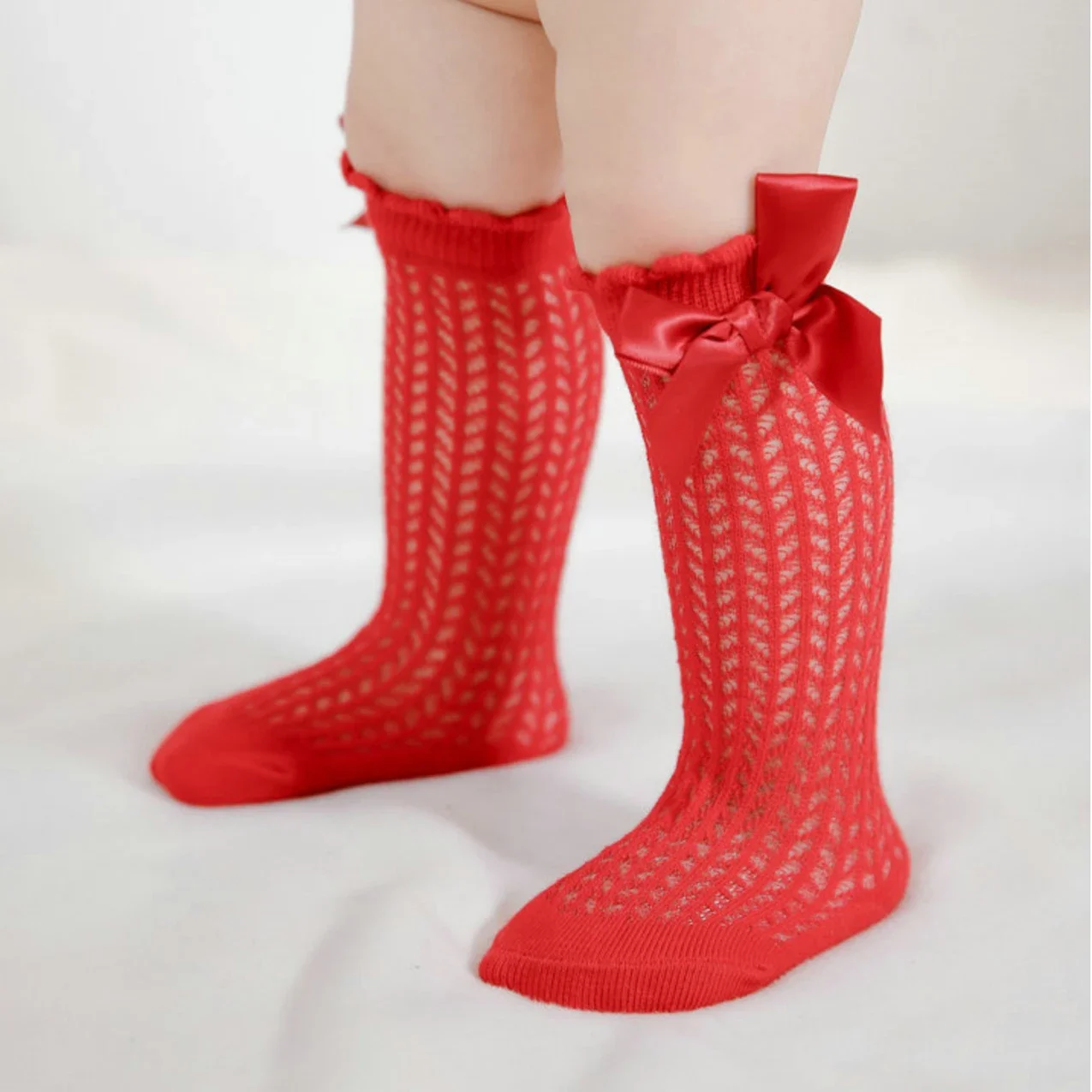 New Mesh Baby Girls Socks Cute Big Bows Soft Cotton Elastic White Red Newborn Stockings Knee High Long for Toddler Socks