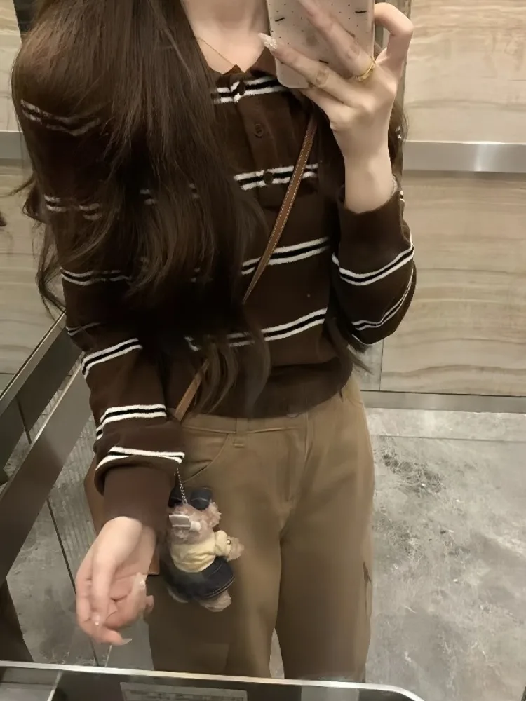 Retro Koreaanse Sle Gestreepte Lange Sve Gebreide Open Vest Dames Lente Nieuwe Sle Afslanken Overhead Top Kraag Enkel...