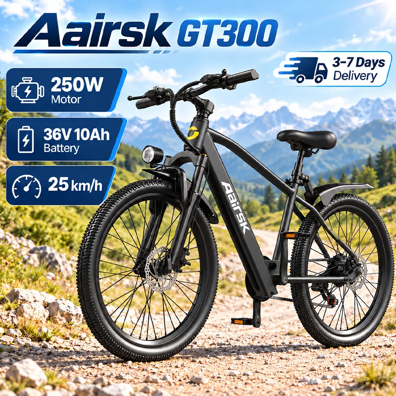 Bicicletta elettrica Aairsk Gt300, pneumatici da 26 pollici, ideale per gli spostamenti urbani, motore da 250 W, batteria da 36 V e 10 Ah, 7 velocità, bicicletta elettrica per adulti.