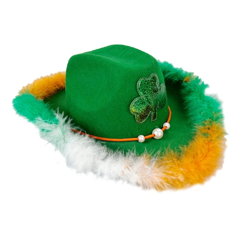 Irish Patricks Hat Feathered Brim for Saint Patricks Day Accessories Patricks Hat with Leaf Green Hat