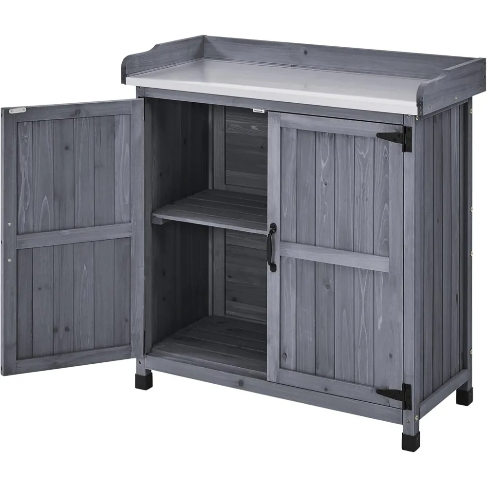 

Potting Bench Table - Wooden Storage Cabinet with Removable Shelf & Flexible Space & Metal-Plated Tabletop for Outdoor Garden P