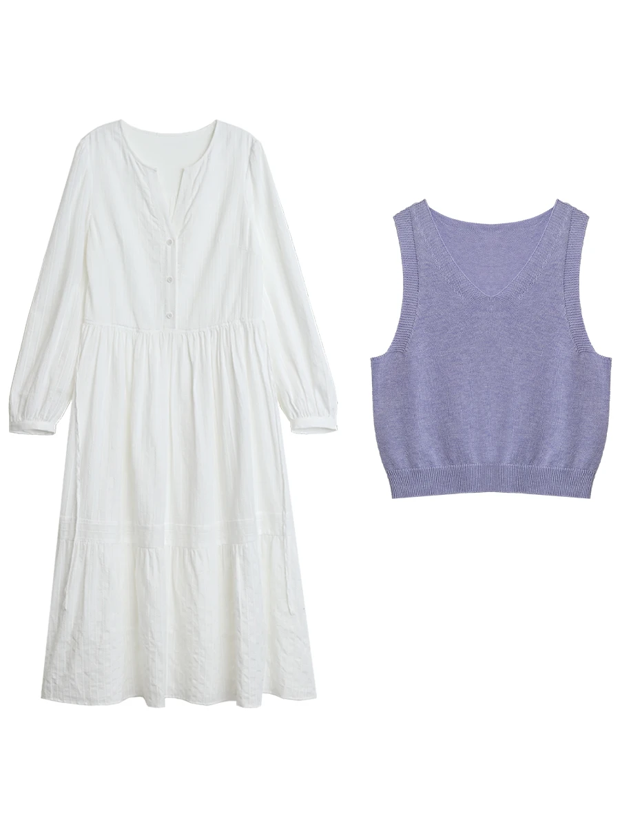 Women's Long Sleeve A-Line Dress Set with Knitted Vest