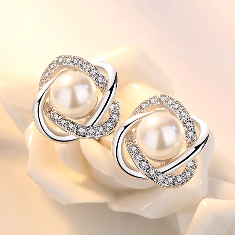 Real 925 Sterling Silver Crystal Jewelry New Cross Circle Pearl Stud Earrings For Women XY0200