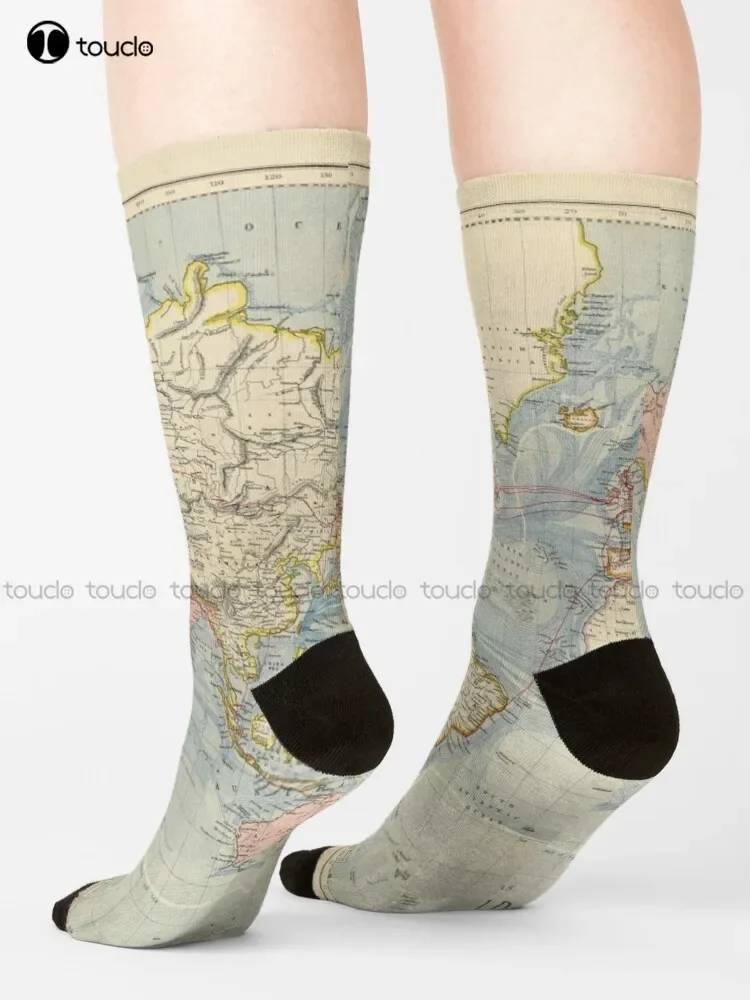 Blue Vintage Historical World Map Socks Cute Socks For Women Unisex Adult Teen Youth Socks Christmas Gift Custom Hd High Quality