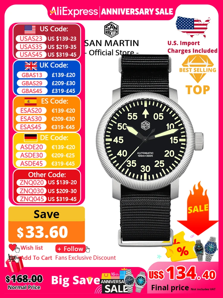 San Martin Neue 40mm Retro Pilot YN55 Automatische Mechanische Mode Einfachen Stil Männer Armbanduhr 100m Wasserdicht C3 Leucht SN0143