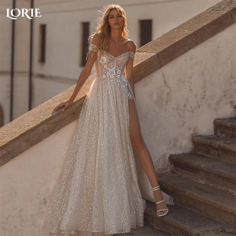 

LORIE Boho Glitter Lace Wedding Dresses Off Shoulder A-Line Sexy High Side Slit Bridal Gowns Sparkly Backless Bride Dress 2024