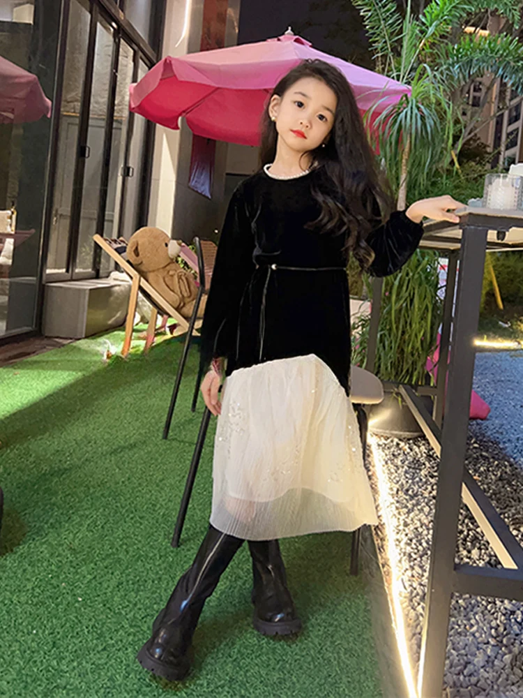 winter spring teen girls Velvet patchwork mesh dress junior kids Princess Formal dresses 4-14 youth child clothes vestido festa