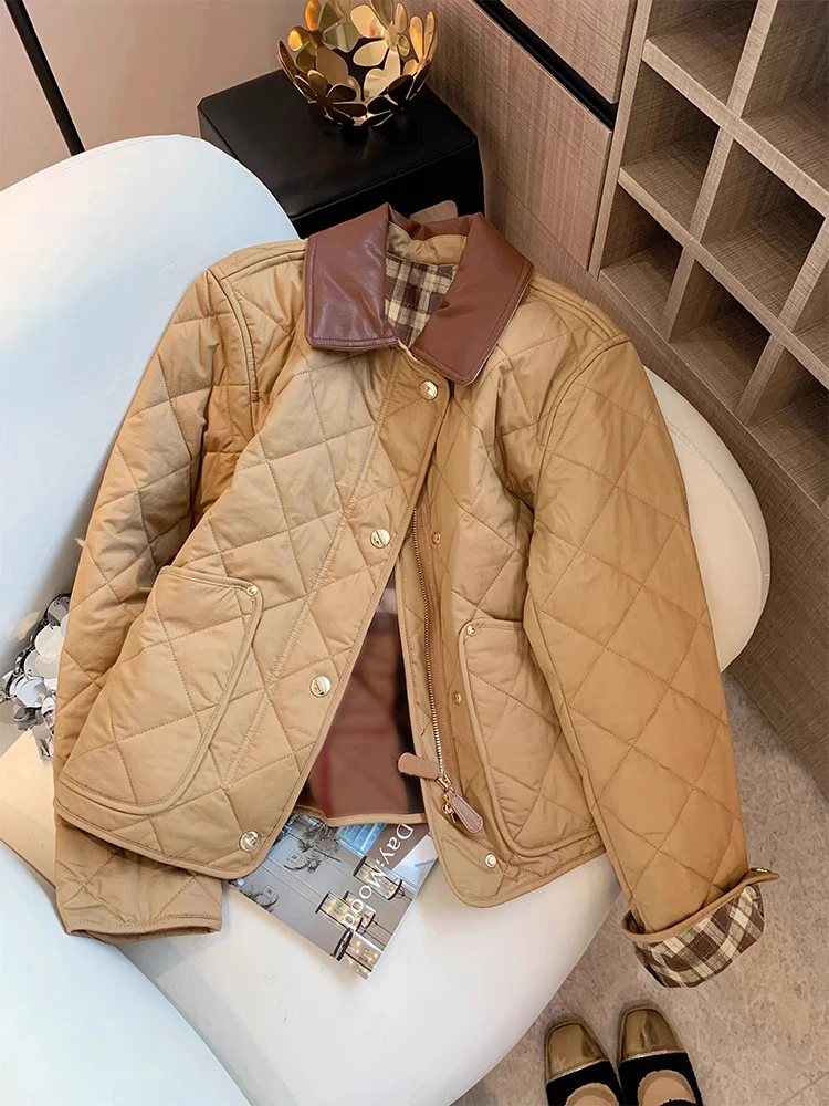 

Cool Retro Sle Women's Cotton Jaet Lightweight Collar Diamond Pattern Color Blo Autumn Winter Faion Versatile ...