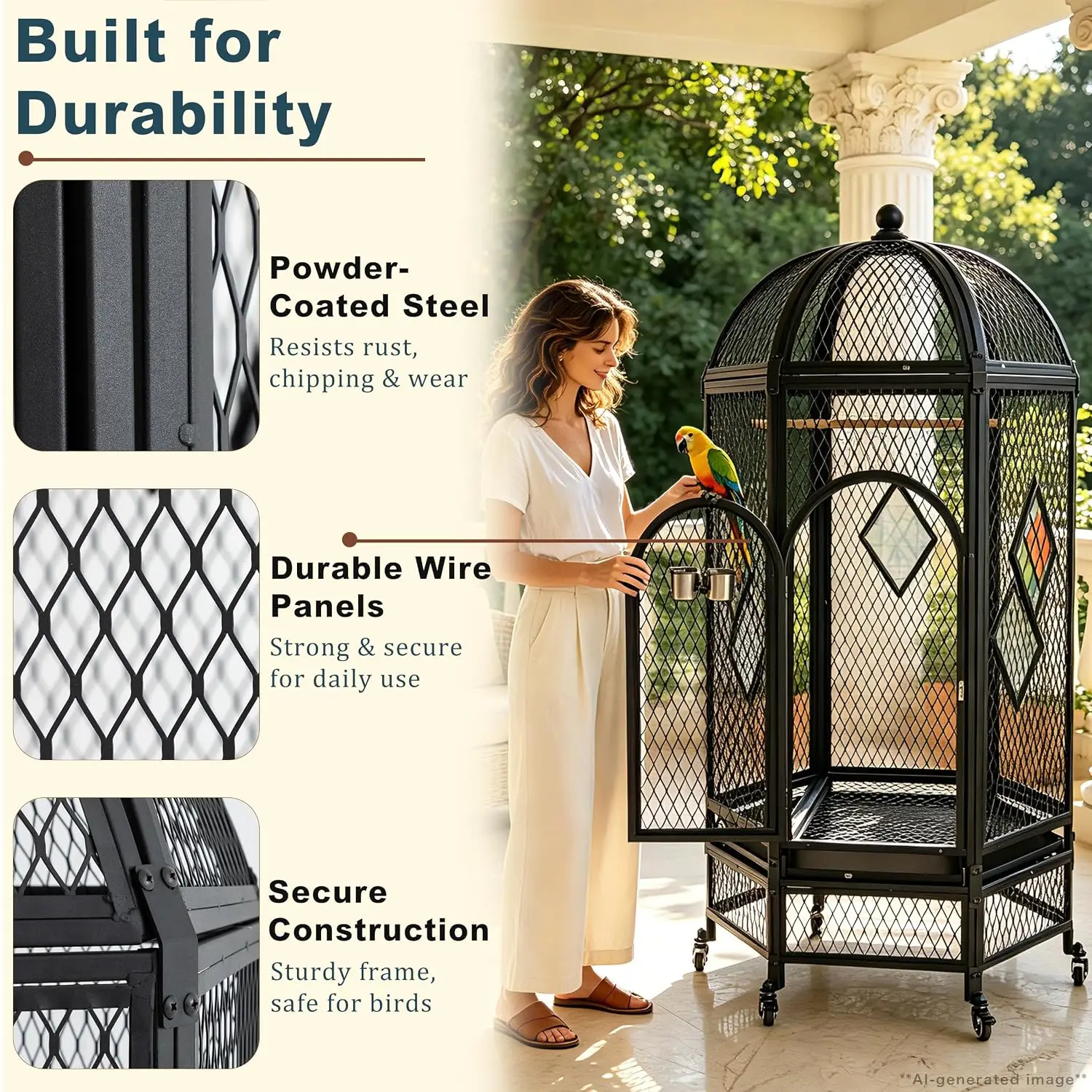 69-Inch Dome Top Bird Cage for Large Parrots, Rolling Aviary, Black, Customized