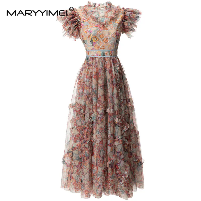 

MARYYIMEI Fashion Designer spring Summer Women's Stand Collar Sequins Ruffles Splicing Slim Printed Big Swing Dresses