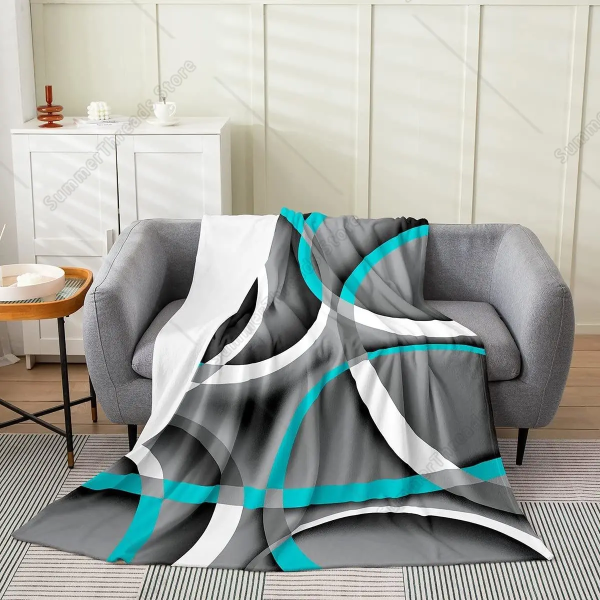 

Флисовое одеяло в стиле ретро с геометрическим узором, синее, серое, черное фланелевое одеяло в полоску, художественное одеяло для кровати для дивана или кровати Geometri