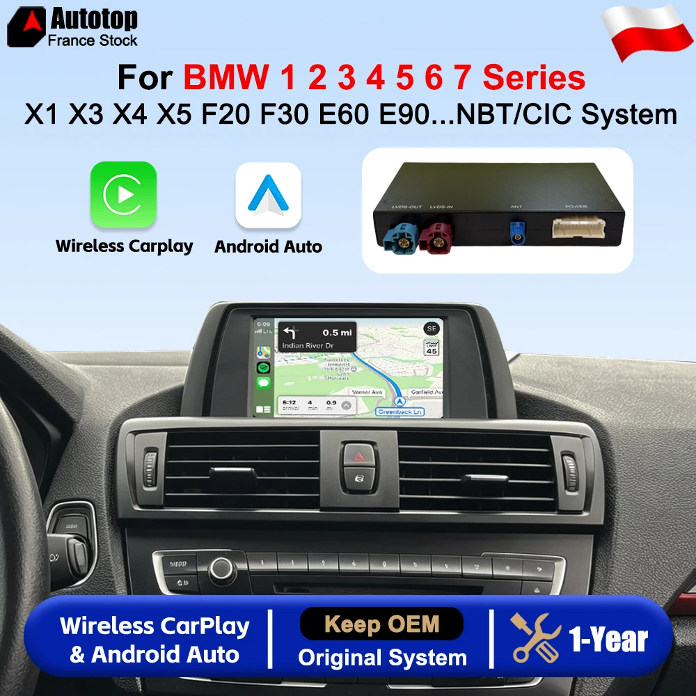 Modulo Interfaccia Wireless CarPlay Android Auto per BMW Serie 1 2 3 4 5 6 7 X1 X3 X4 X5 X6 F20 F22 F30 F31 F33 F48 F10 F25 F60 E90 E84 E87...Sistema NBT CIC con Adattatore Carplay Bluetooth Airplay