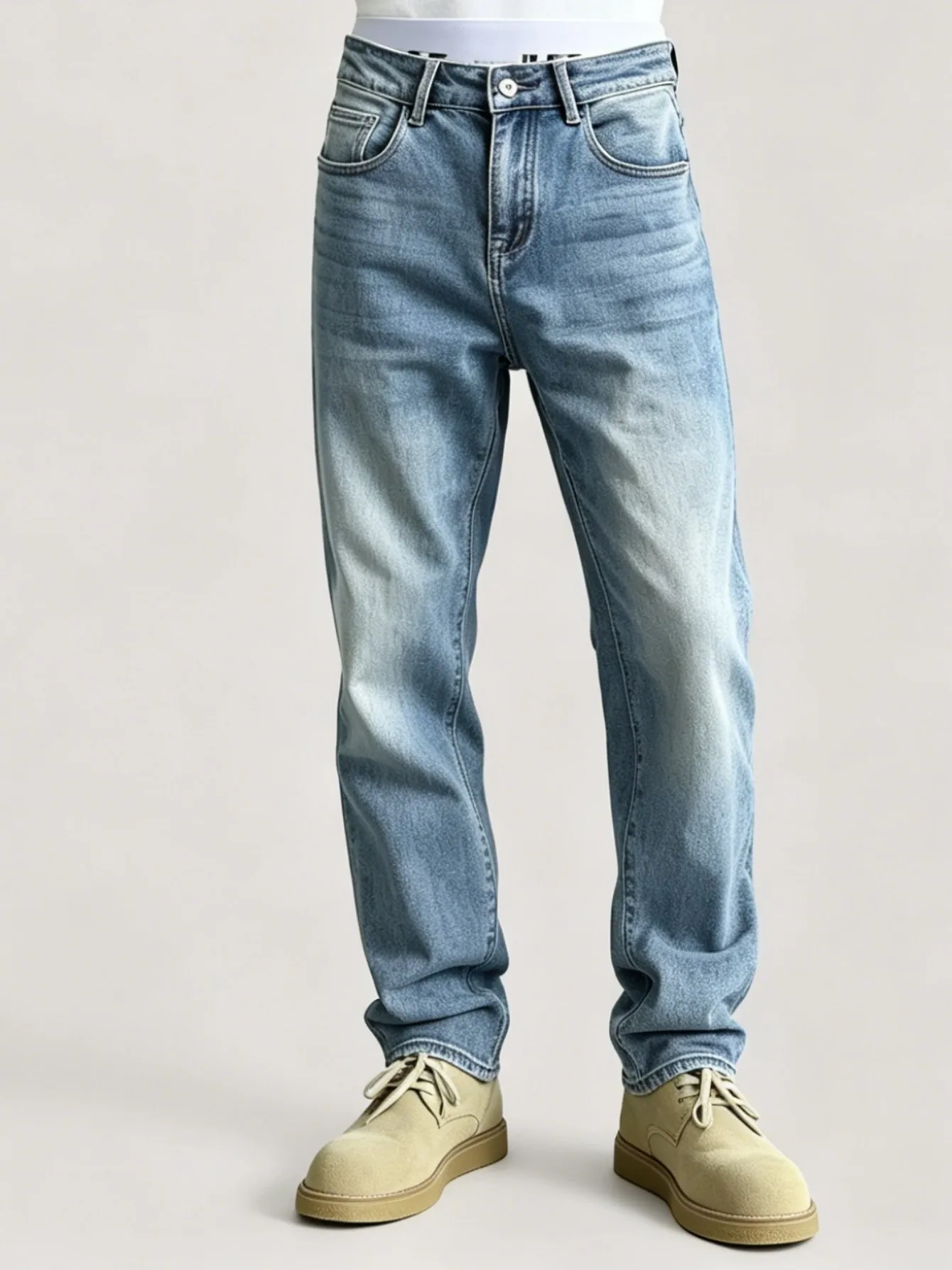 【HME】Men's Jeans | Light‑Wash Gradient Denim Pants For Men, Soft Comfort Straight‑Leg Denim Jeans, Vintage Faded Knee Whisker Male Trousers, Classic 5‑Pocket Design, Durable Denim Bottoms For Daily Casual All‑Season Wear