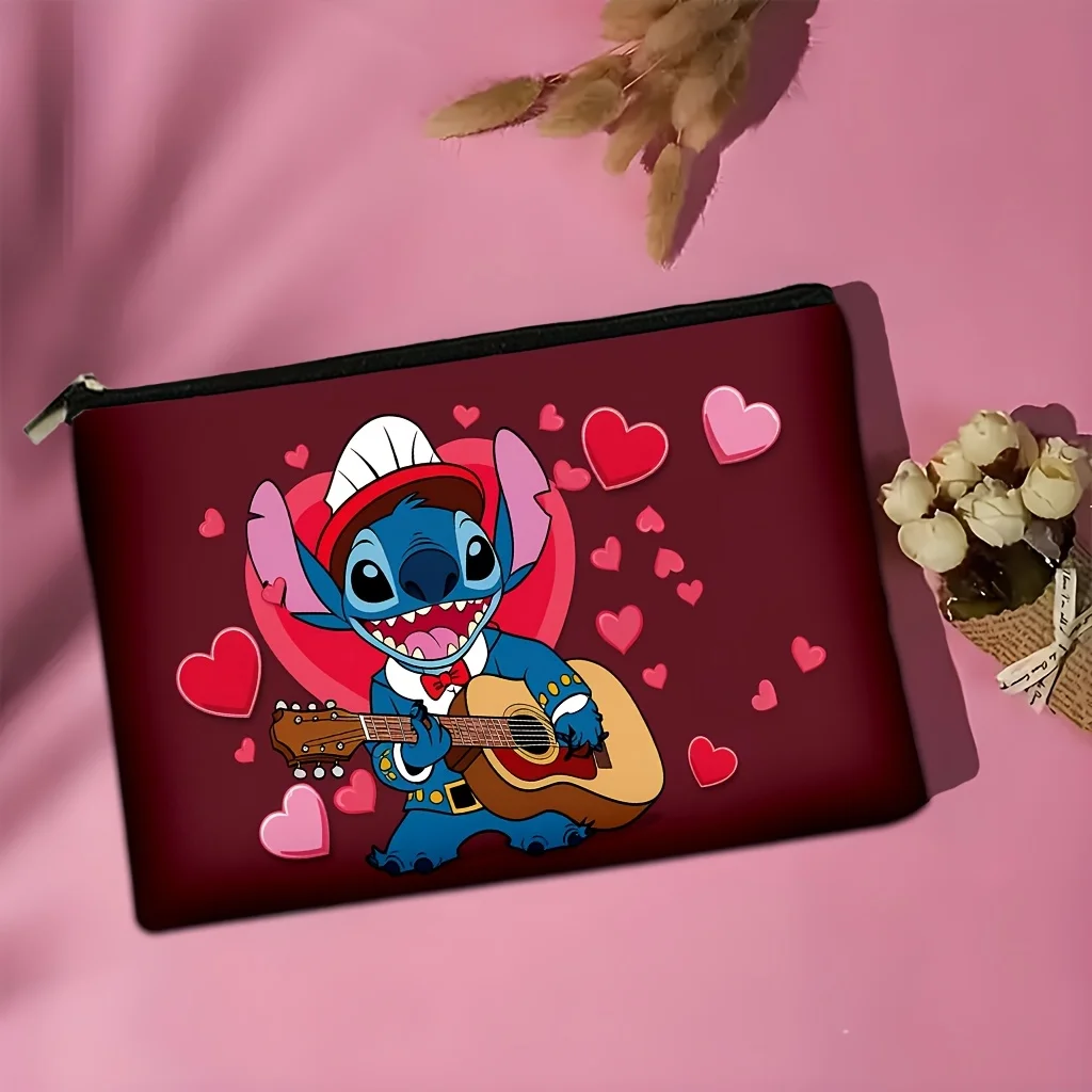 디즈니 스티치 기타 연주 메이크업 가방 - 생동감 넘치는 빨간색과 분홍색 하트 디자인 - 여성용 귀엽고 다용도 지퍼 파우치, 보석 보관 가방, 완벽한 여행용 지퍼 파우치