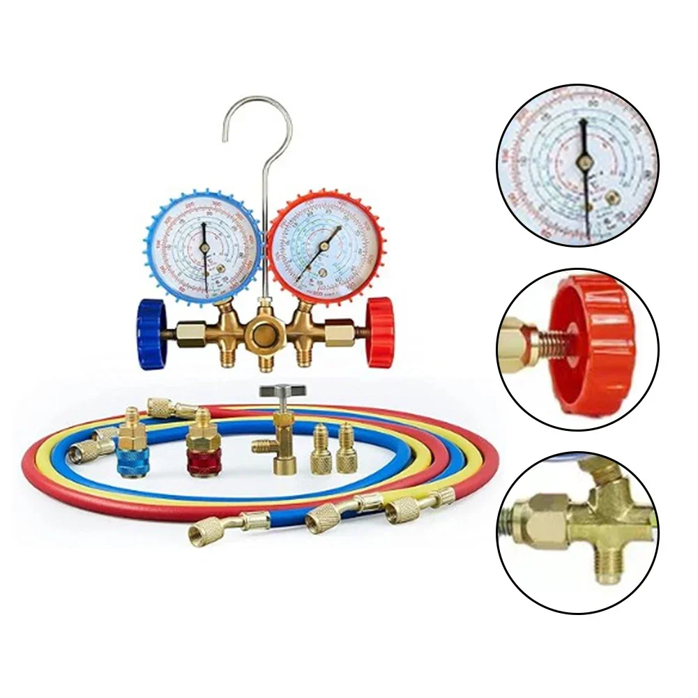 R22/R134a/R410a/R404a Manifold Gauge Set Air Conditioning Pressure Gauge W/ Hose & Hook 3 Way AC Diagnostic Manifold Gauges Set