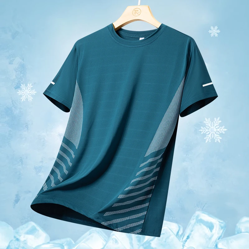 Men's ice silk short sleeved T-shirt, summer cool and refreshing, quick drying loose fitting running sportswear