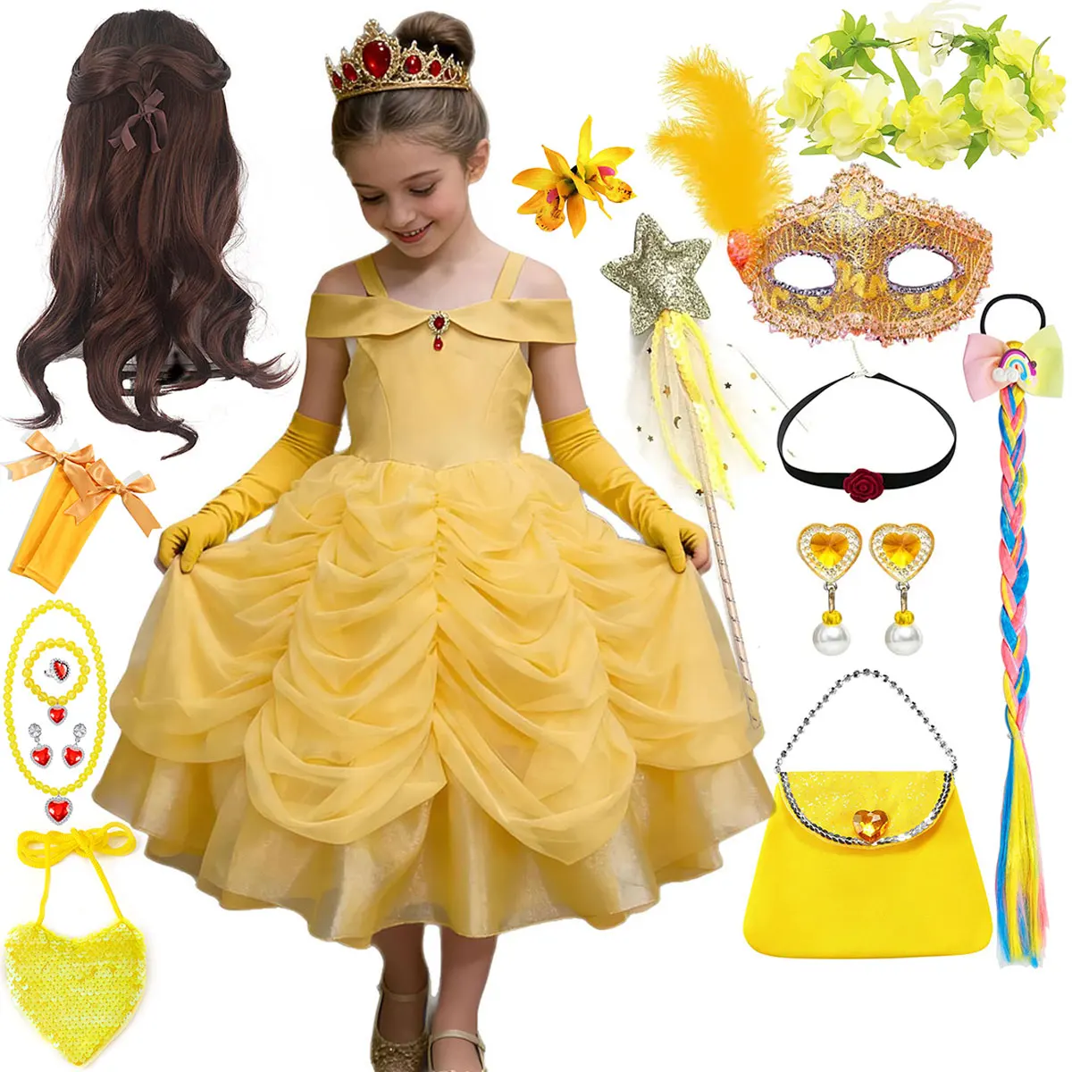party city belle dress Costume Accessory Party City Belle Costume Belle Inspired Princess Costume,  Yellow Velvet Dress Set With Accessories,