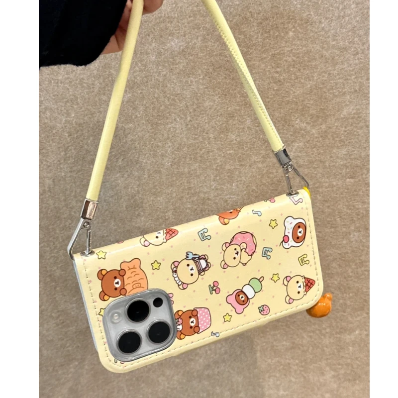 Rilakkuma Cute Cartoon Flip Leather Card Holder Phone Case For Iphone 17 Promax 16 Promax 15 Pro 14 13 Shockproof Cover Women view 5