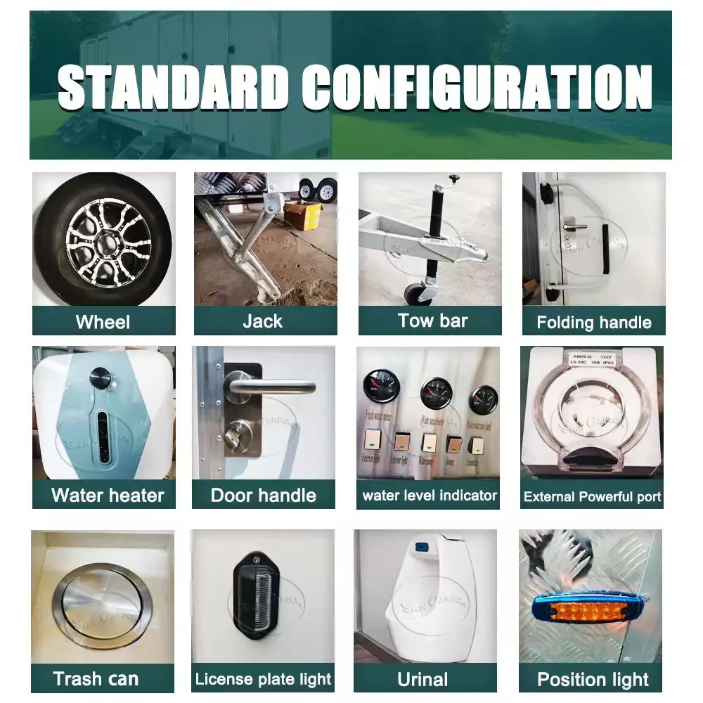 تصميم مقطورة المرحاض المتنقلة في الهواء الطلق مع صندوق أبيض بإطار معدني وأبواب مزدوجة ومصابيح خلفية وصلة مقطورة لسهولة السحب #6