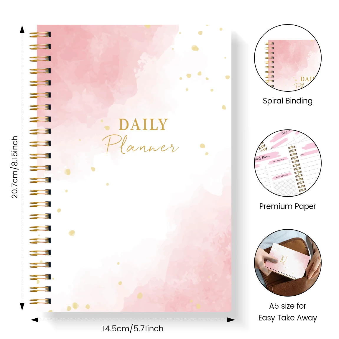 دفتر ملاحظات مخطط يومي وردي مقاس A5، منظم قائمة المهام، دفتر جدول مع ملاحظات، جهاز تعقب الوجبات، قرطاسية هدايا مكتب الطالب المثالية