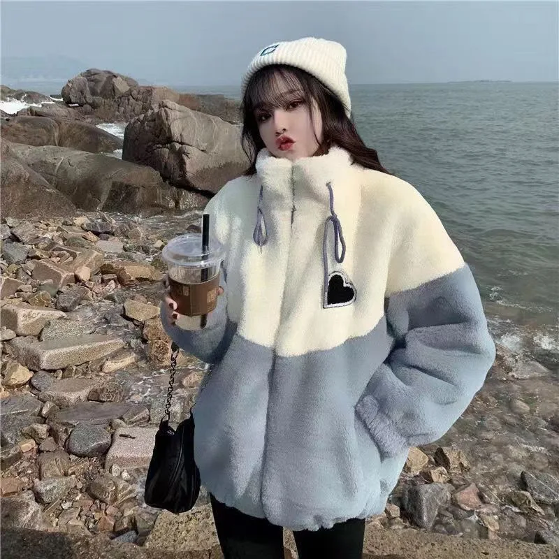 Women's Faux Fur Coat Color Block Stand Collar Full Zipper Heart Embroidery Thick Warm Comfortable Trendy Casual Daily Wear Coat