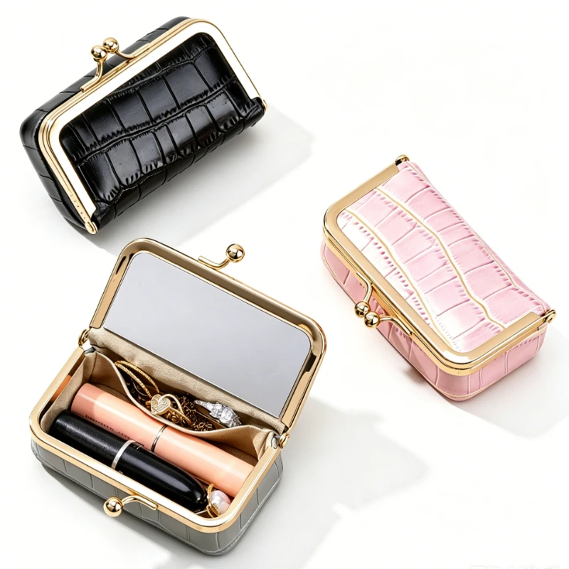 Vintage Metal Frame Coin Purse with Inner Mirror, Embossed Crocodile Pattern Leather Kisslock Organizer for Cosmetic Essentials