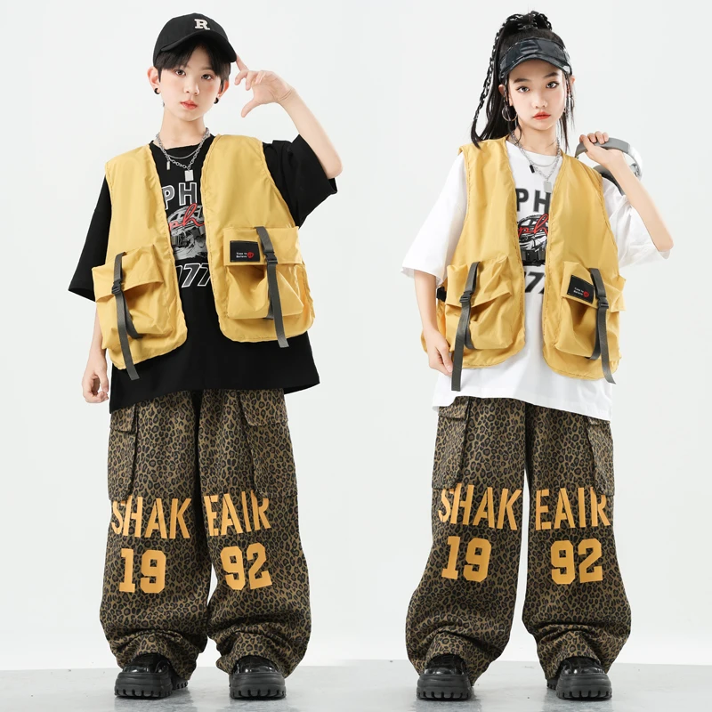 Ropa de calle para niños, chaleco amarillo de Hip Hop, camisa, pantalones Cargo, pantalones para correr de baile callejero para niñas, conjuntos de ropa, disfraces morados de Jazz para niños