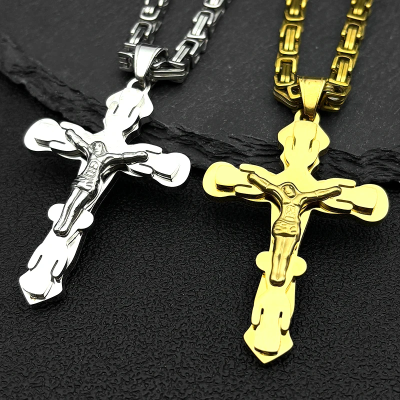 

Christian Jesus Cross Crucifix Pendant Necklace for Men Stainless Steel Gold Color Byzantine Hip Hop Chain Necklaces Jewelry