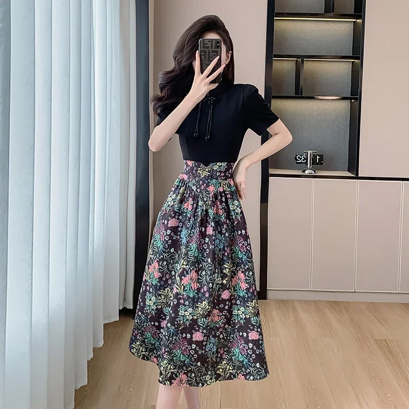 

Summer New Chinese Style Dress Women's French Hepburn Style Flower Color Patchwork ﻿ Cheongsam Dress Women's