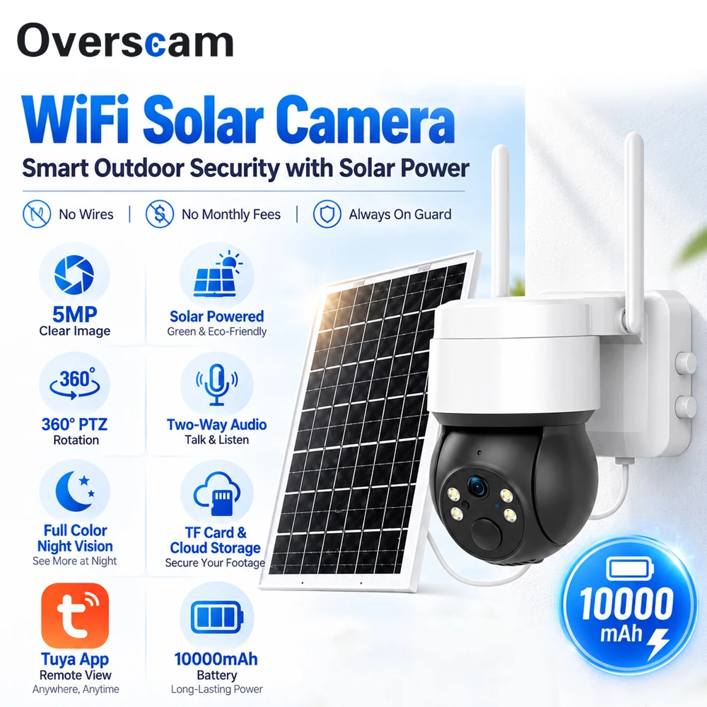 5MP WiFi Solar Camera 10000mAh Battery Outdoor Security Cam 360° PTZ Rotation Color Night Vision Two Way Audio Tuya Remote View
