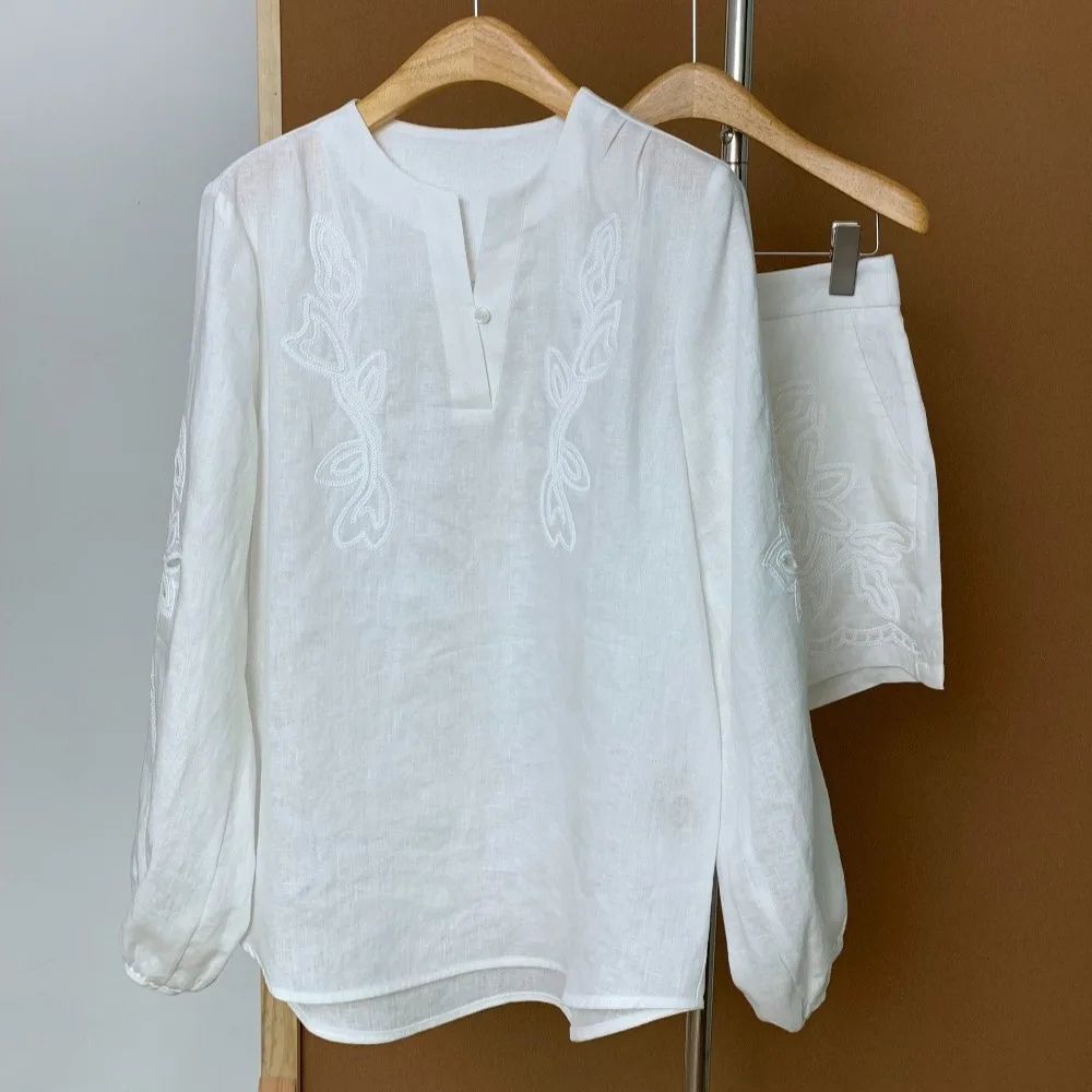100% Linen Heavy Embroidery Set V-neck Hollow-out Lantern Sleeve Shirt Shorts Two-Piece Set